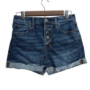 GAP Button Fly Blue Denim Shorts, Raw Hem‎ Cuffed, Women's Sz 27 Medium Wash
